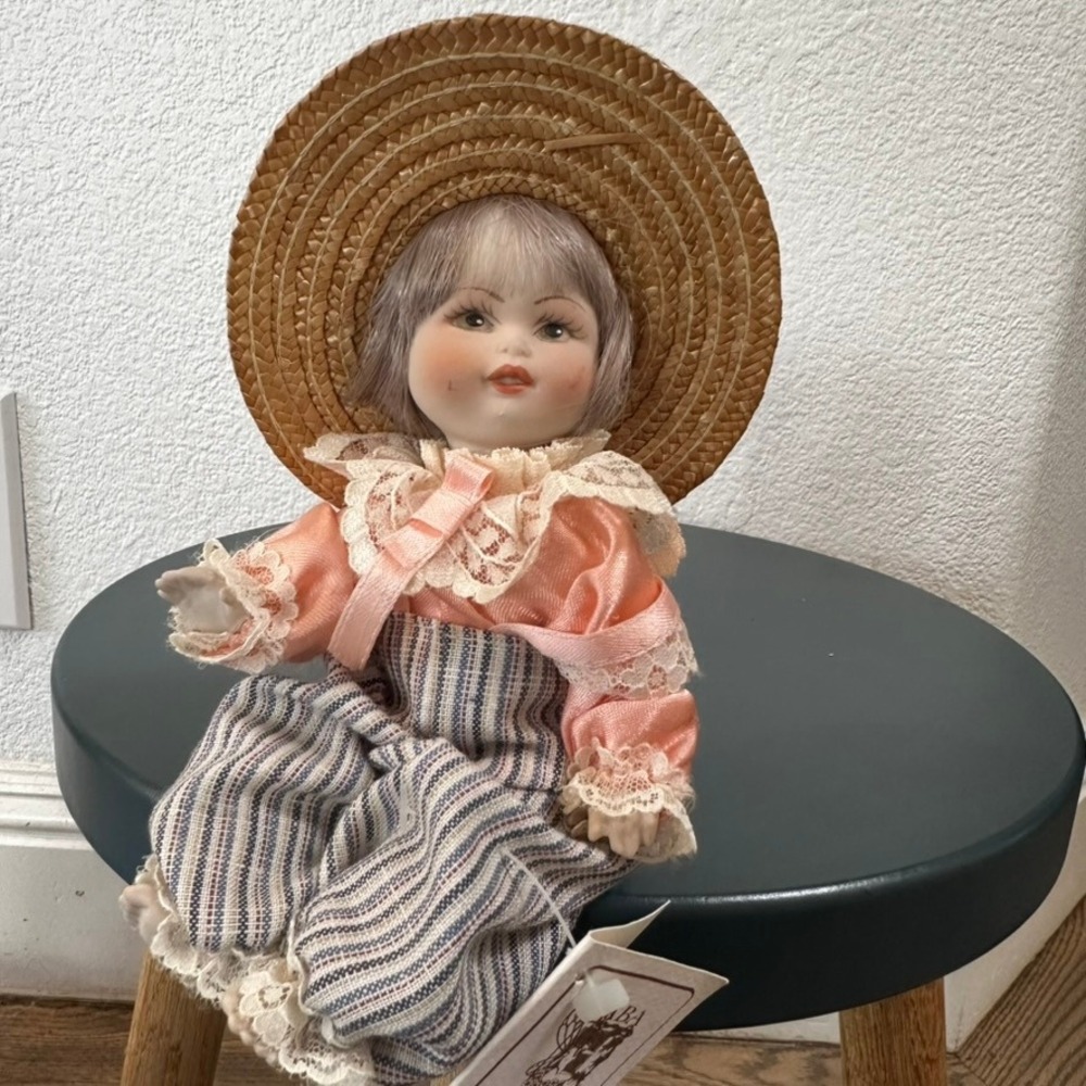 SABA Italian Porcelain Doll with Certificate, Hat & Pink Outfit, Collectible VTG